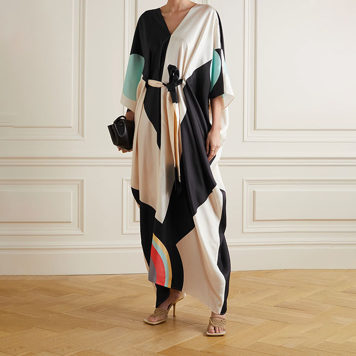 Belt002 Asymmetric Belted Printed Silk Dress